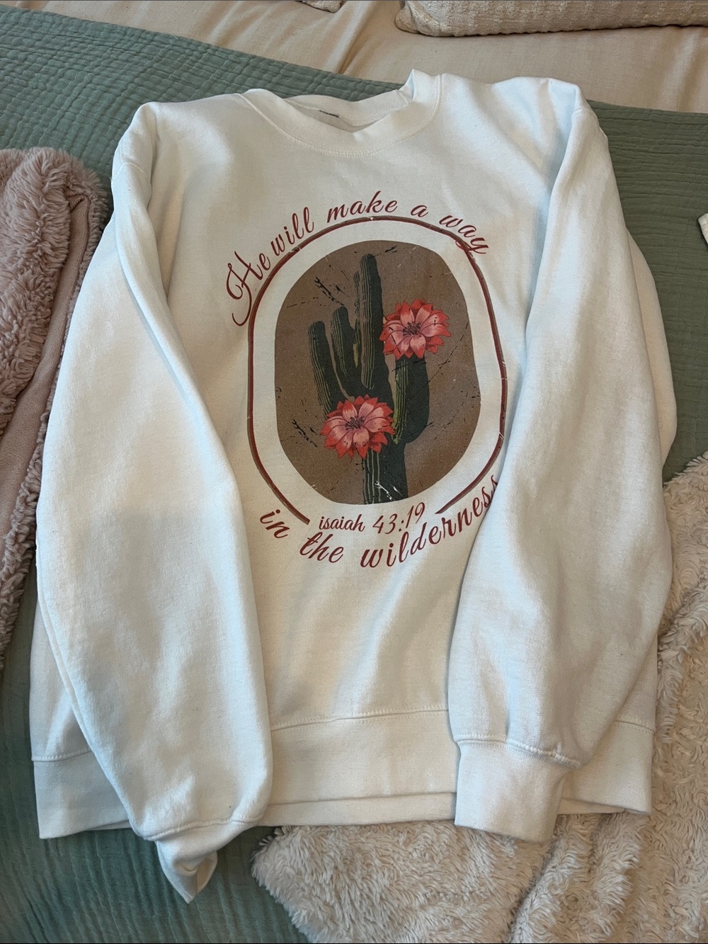 White Crewneck Sweatshirt with Floral Cactus Graphic